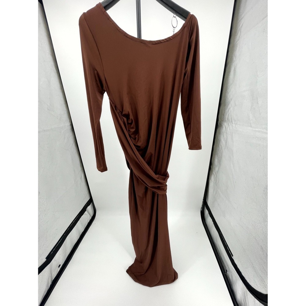 Womens One Shoulder Maxi Dress Large Chocolate Brown Bodycon Wedding Formal
